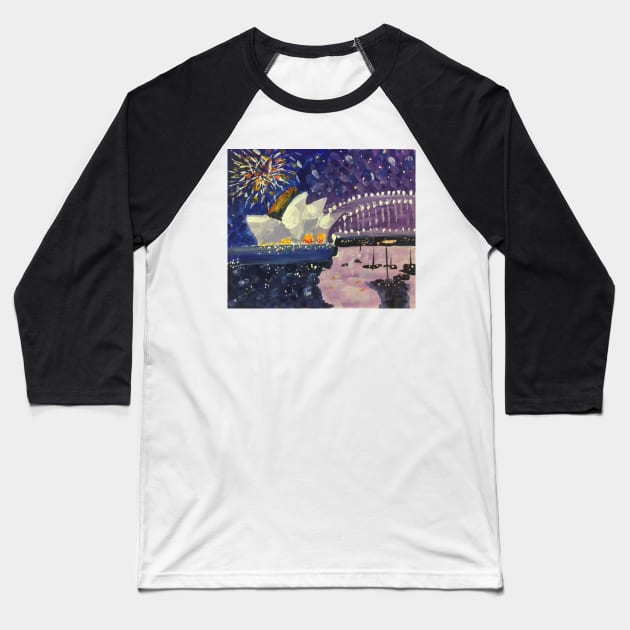Sydney Harbour New Year Eve Fireworks 2, a painting by Geoff Hargraves Baseball T-Shirt by gjhargraves